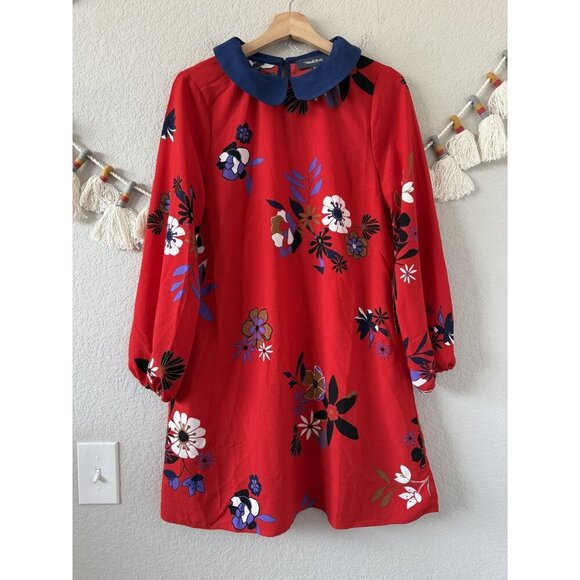 Modcloth Red Floral Aline Collared Mini Dress Boho Careerwear Peasant NWT M - Picture 1 of 9